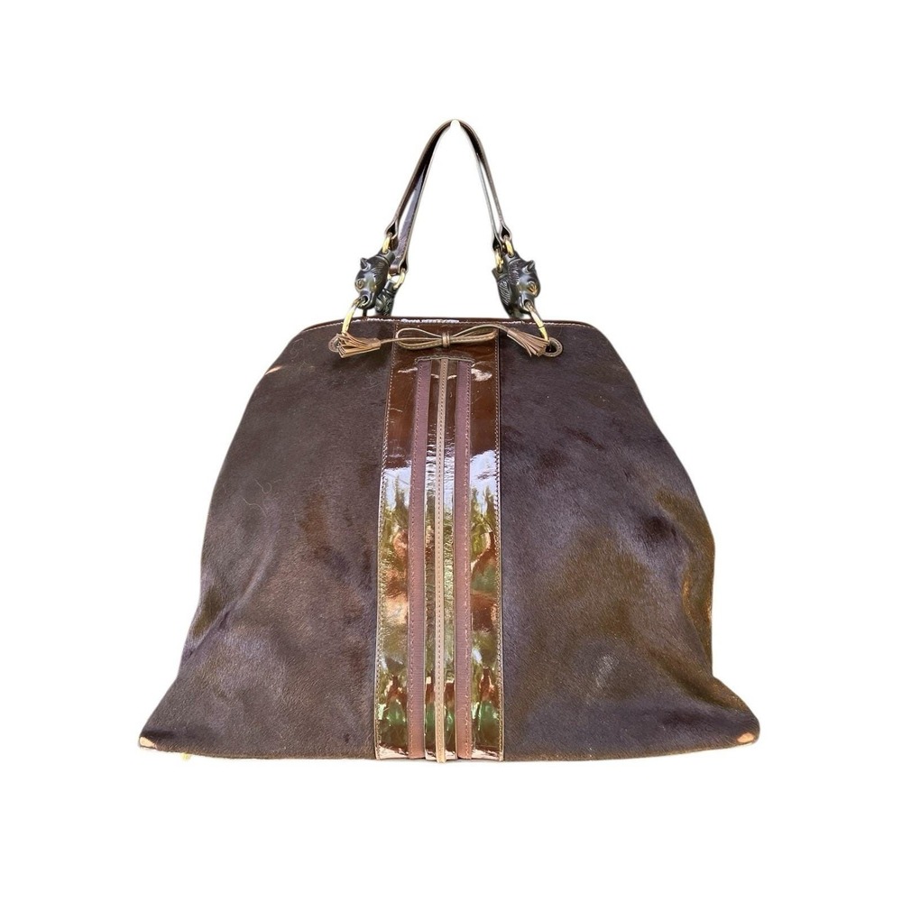 Archival Anya Hindmarch Pony Hair Panther Head Tote Bag Vintage Brown Bow Y2K‎